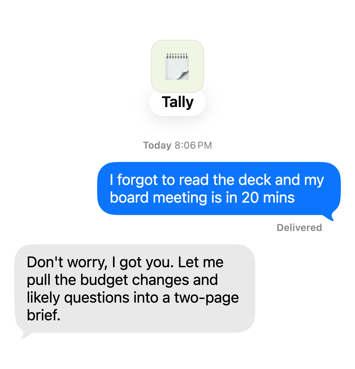 Chat with Tally. You: “I forgot to read the deck and my board meeting is in 20 mins” Tally: “Don't worry, I got you. Let me pull the budget changes and likely questions into a two-page brief.”