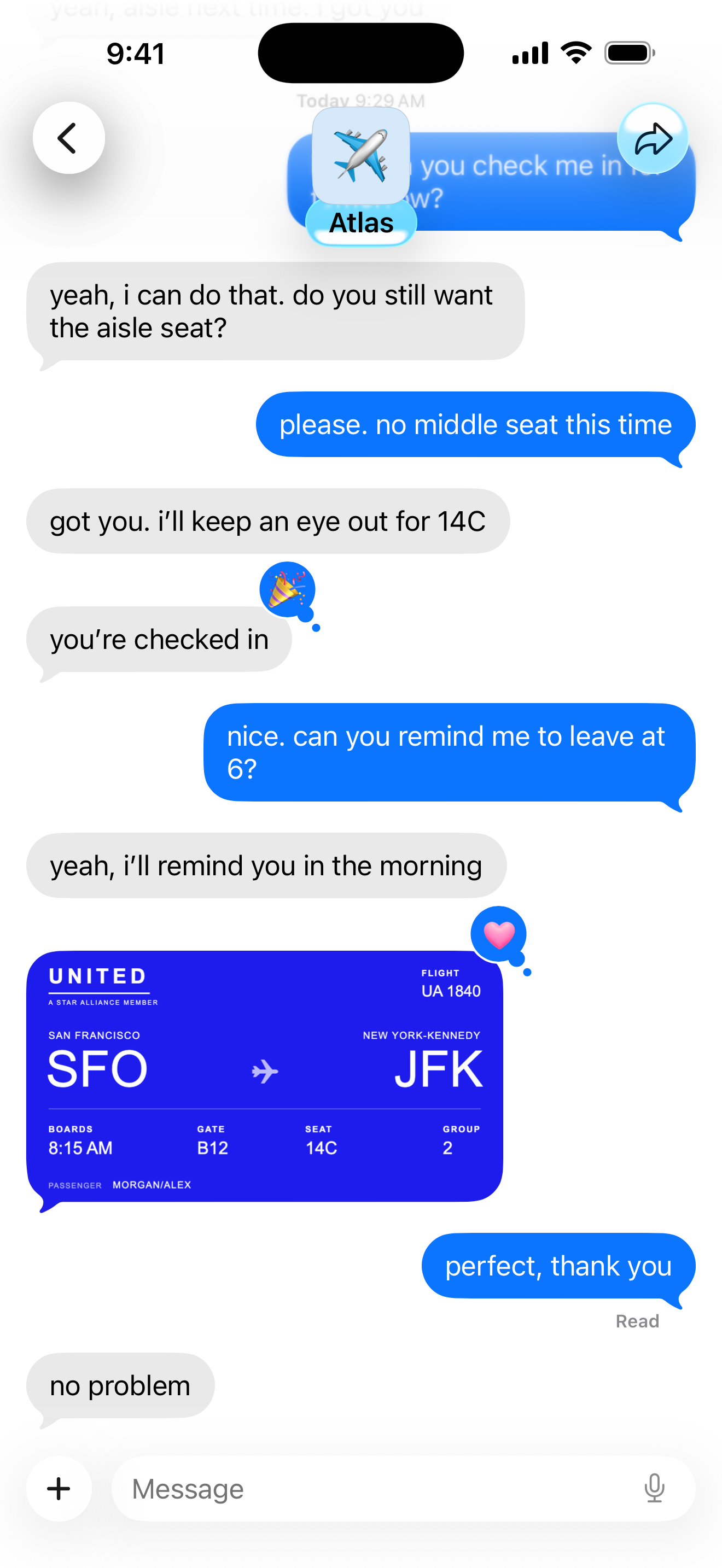 A chat with Atlas, checking you in and sending your boarding pass