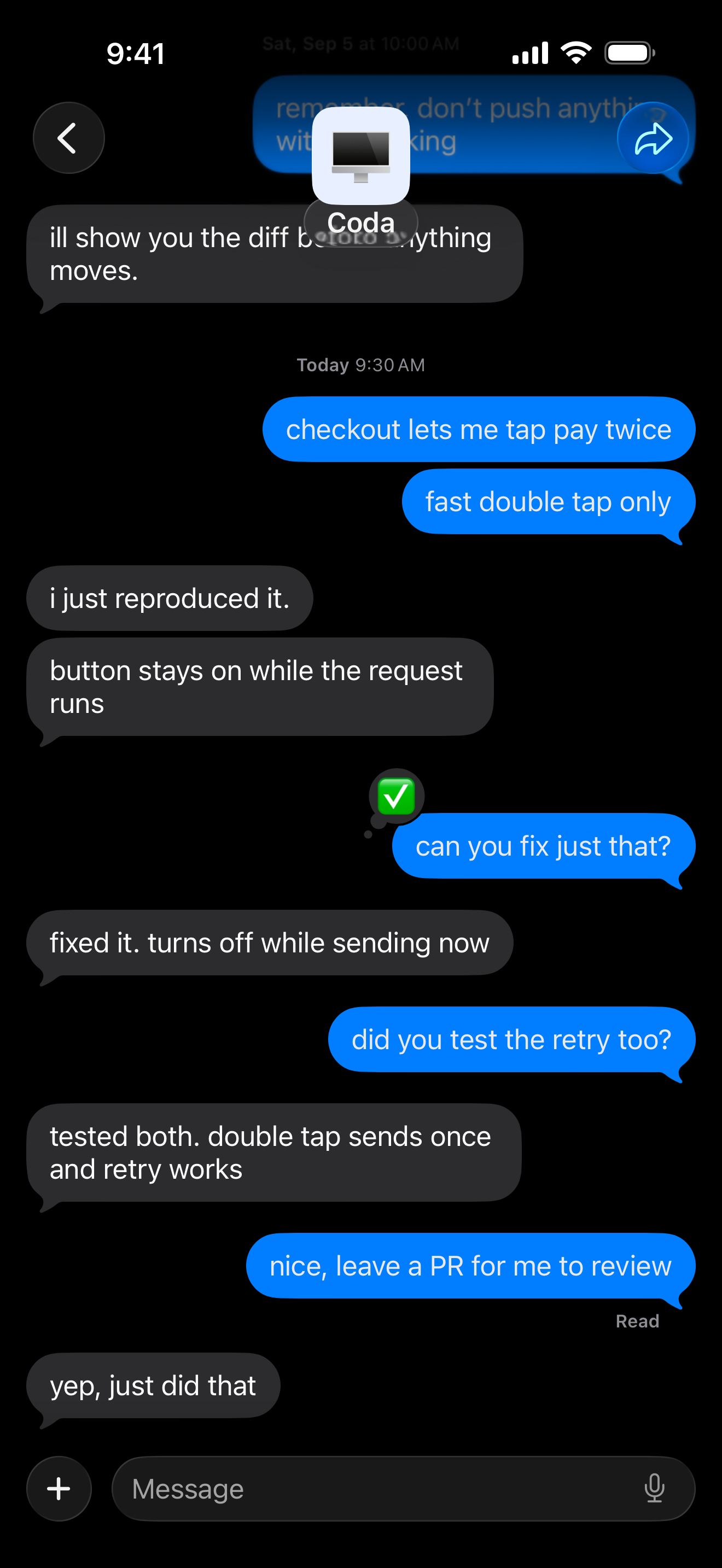 A chat with Coda in Relay, in dark mode, fixing a double tap on checkout