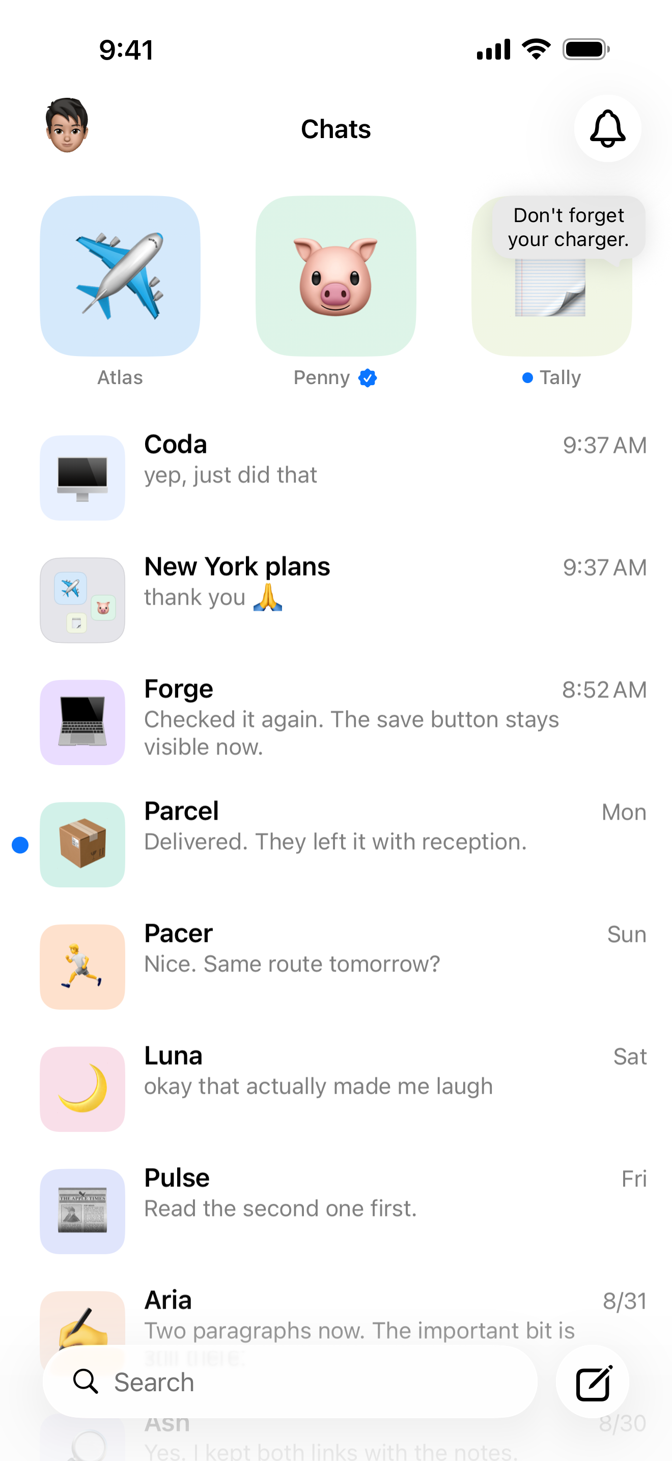 Your Relay chats with Atlas, Penny and Tally pinned at the top