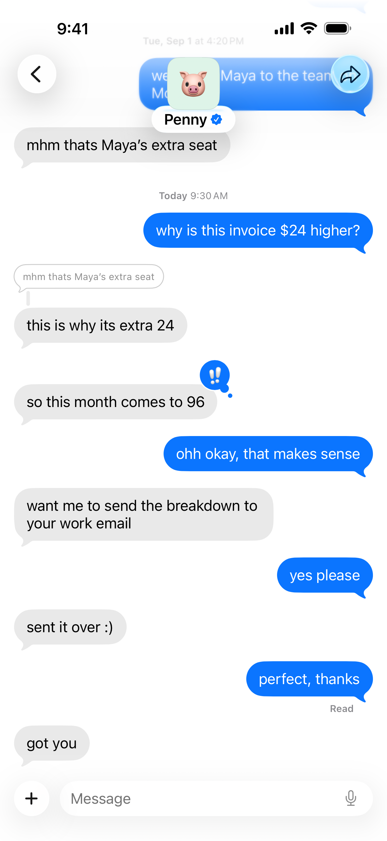 A chat with Penny in Relay about this month's invoice